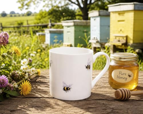 Rainbow Decors Bees Mug Fine Bone China 14 fl oz 400 ml Large Balmoral Multi Bumblebee Footed Cup Hand Decorated in UK