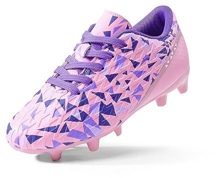 DREAM PAIRS Boys Girls Soccer Cleats Youth Firm Groud Athletic Outdoor Trainning Football Shoes for Little/Big Kid,Size 10.5 Little Kid,Pink/Purple,HZ19003K