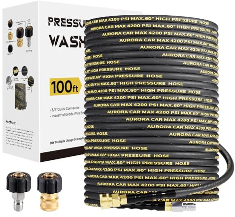 AURORA CAR Pressure Washer Hose 100FT with 3/8 Inch Quick Connect, Kink Resistant High Tensile Wire Braided, with 2 pcs M22 14mm Adapter Set, 4200 PSI Power Washer Hose