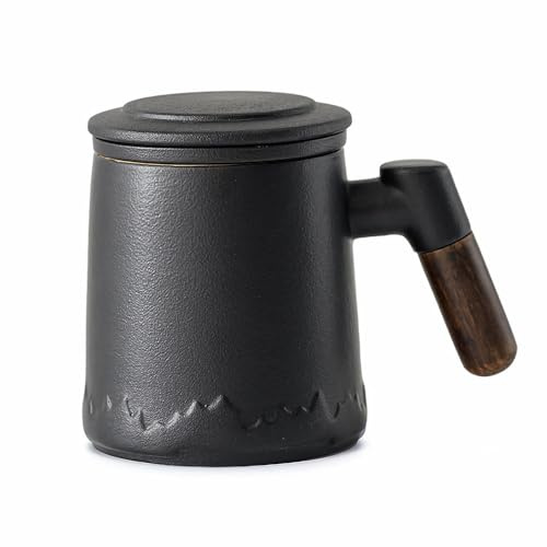HwaGui Teetasse aus Keramik, Matte Keramik Teetassen mit Teesieb und Deckel, Große Holzgriff Teebecher für den täglichen und Bürogebrauch, 350ml Schwarz