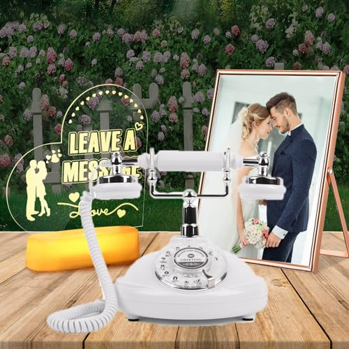 Antique Wedding Message Blessing Phone,Audio GuestBook Rotary Phone with Wedding Sign and Photo Frame (White)