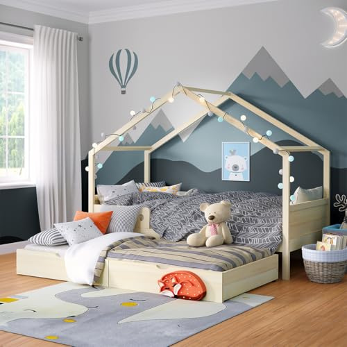 Bellabino Bela Kinderbett 90x200 cm, mit Gästebett, Hausbett, Natur
