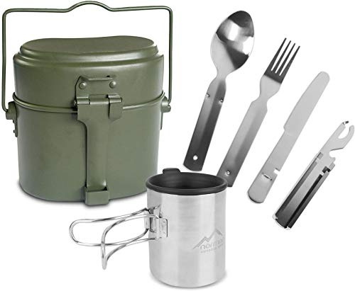 Outdoor Geschirr-Set bestehend aus Bundeswehr Kochgeschirr, 5-teiligem Besteck und Tasse mit klappbarem Henkel und Deckel - rostfrei und hitzebeständig Oliv Mehrteilig