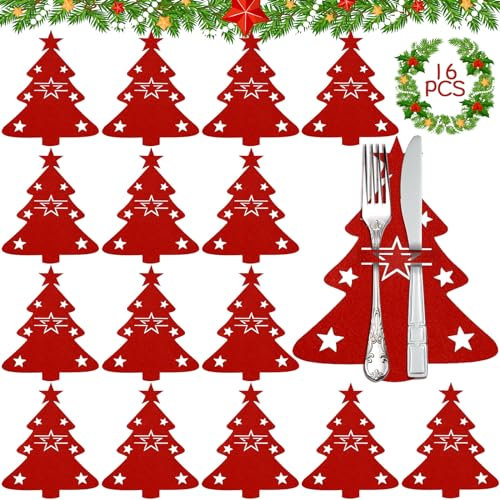 NEMMXUB 16 Pcs Decoration Noël Porte-Couverts pour Sapin de Noël Argenterie Vaisselle Titulaires Vacances Couverts Titulaire De Noël Fourchette Cuillère Sac De Rangement Dîner Décorations De Table