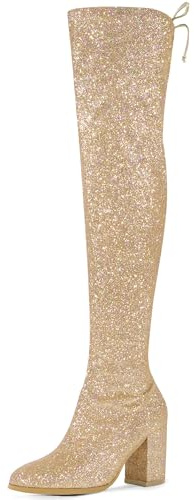 Allegra K Damen Glitzerstiefel mit rundem Zehenbereich, klobiger Absatz, Overknee-Stiefel, gold, 41 EU