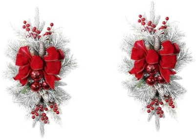 RORPOIR 2stücke Weihnachtlicher Wreath Mit Rotem Schleifen-Design Für Tür Und Treppendekoration Lebensechte Weihnachtskranz-Girlande Für Festliche Anlässe
