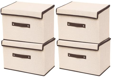 Defresit Fabric Storage Boxes with Lids, Pack of 4, Wardrobe Storage Organiser, Large Storage Box with Lid for Clothes, Toy, Photo, Closet, Bedroom, Home, 37 X 23 X 23cm (Off white)