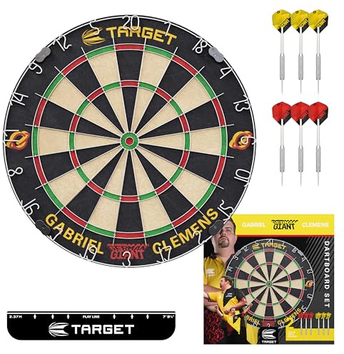 Target Darts Player Dartboard Set | Luke Littler/Dimitri Van den Bergh/Gabriel Clemens | Dartscheibe in Spieler-Edition mit 2 Set Steel-Dart-Dartspitzen, Wurf-Linie nach Wettkampfstandard | Profi-Dart