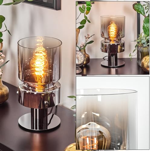 HOFSTEIN Tischleuchte Hasvik, Tischlampe aus Metall/Glas in Schwarz/Chrom/Rauchfarben/Klar, moderne Leuchte im Retro/Vintage-Design mit Glasschirm (Ø 15 cm), E27, Wohnzimmer, Schlafzimmer, Flur, Büro