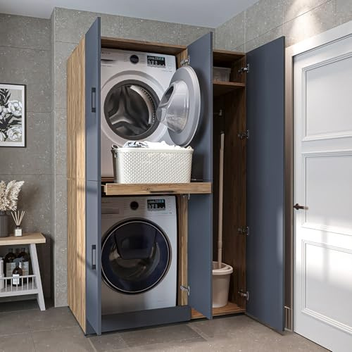 ROOMART Dora - Armoire de machine à laver - Pour sèche-linge et machine à laver - En 4 couleurs - Avec portes et panneau coulissant - Blanc - Chêne blanc - Chêne anthracite - Chêne anthracite (chêne