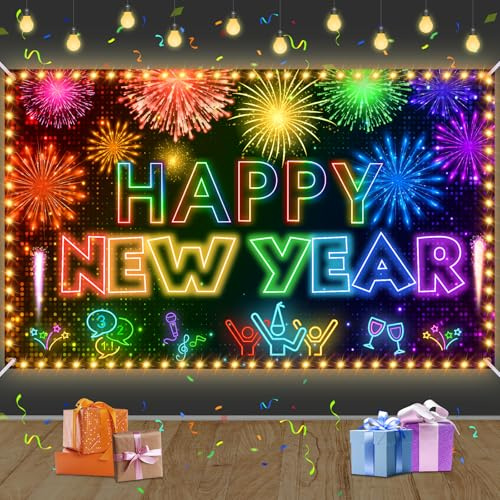 2026 Happy New Year Banner Neon New Year Party Decorations Large Fabric Colorful Fireworks Happy New Years Banner with LED Light (Battery Not Included) for 2026 New Years Eve Party Supplies