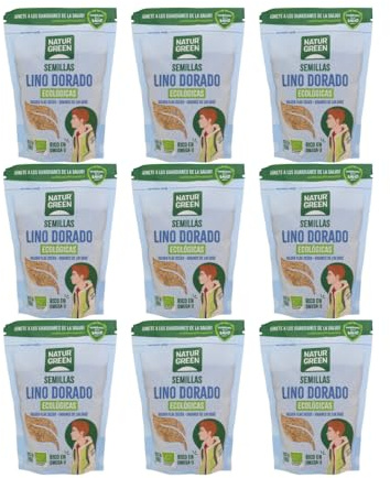 NaturGreen - Semillas de Lino Dorado Bio, Sin Gluten, 100% Vegetal, Ecológicas, Rico en Omega 3 y Fibra, Fuente de Proteínas, Sin Azúcares Añadidos, Pack 9 Unidades de 225 g