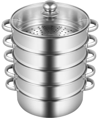 Vaporera de 5 niveles, acero inoxidable, vaporizador, apilable, diámetro de 26 cm, olla de vapor, olla con sartén y tapa de cristal, para cocinar (plata)
