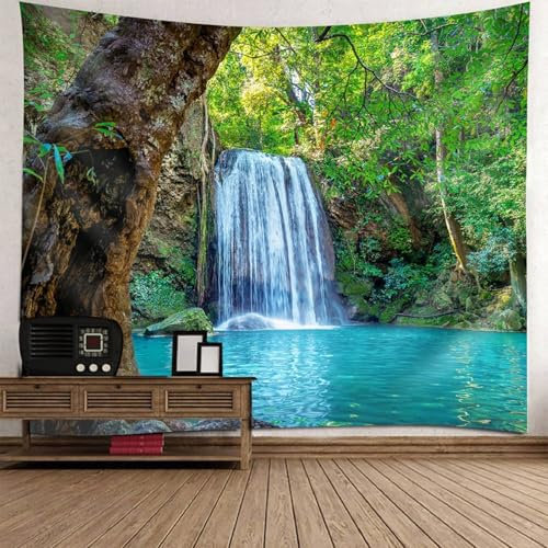 Musihy Natur Wandbehang Wandteppich | Polyester Natürliche Landschaft mit Wasserfall Wandbehang Dekoration für Wohnzimmer Schlafzimmer & Schlafsaal | Grün Blau Weiß, 300x256cm