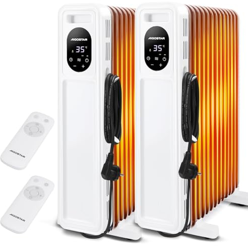 Aigostar Energiesparend Ölradiator 2500 Watt mit Fernbedienung, 13 Rippen | 3 Heizstufen, 24h Timer, LED-Anzeige Elektrische Heizung, Kipp & Überhitzungsschutz, Mobiler Heaters for Room, 2 Stück