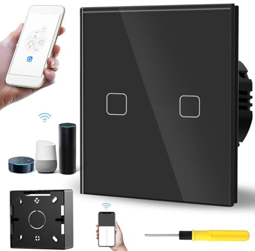 Acmerota Smart Light Switch Voice Control 2 Gang 1 Way WiFi Touch Switch Glass Panel Wall Light Switch Compatible for Alexa & Google Assistant (Single Fire Wire) with LED Indicator Light