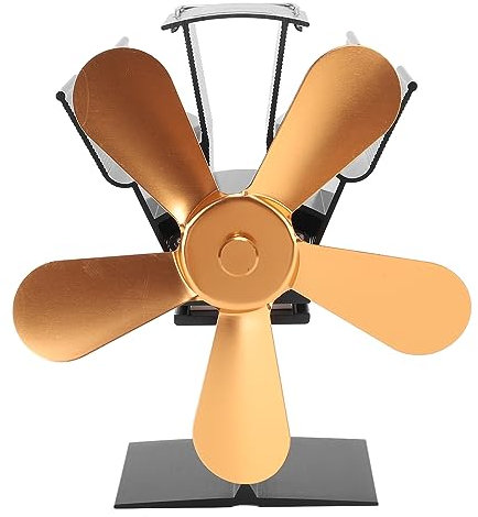 Gavigain Ventilador de estufa de 5 aspas, circulación de calor silenciosa, aluminio de ahorro de energía, no eléctrico, para estufas de pellets de madera y chimeneas (oro)