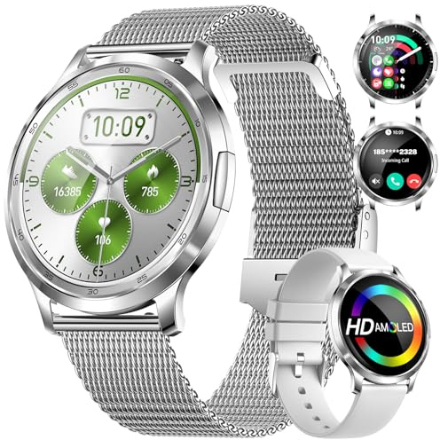 DREMAC Smartwatch Damen,1.32'' Amoled Kreisbogen Display,Damen Armbanduhr mit Pulsuhr/Menstruationszyklus/SpO2/Schlafmonitor,IP68 Wasserdicht Fitness Tracker für iOS Android Silber