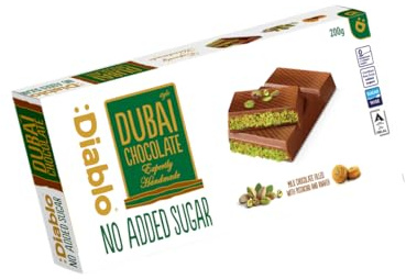 Diablo No Added Sugar Dubai Chocolate Bar – Smooth & Rich No Added Sugar Chocolate for All, Great for Gifting on Christmas, Birthdays, Valentines & More, Ideal Snack for Adults & Kids, 200g Pack of 1
