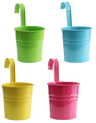 Ikruidy 4 pièces Suspension en Métal Pots de Fleurs 10cm Seau à Fleurs Suspendu Suspendre Panier à Planter avec Trou de Drainage Crochet pour Balcon Clôture Jardin Décor à La Maison