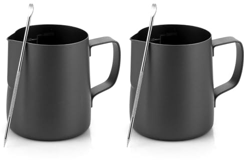 MIVIDE Milchkännchen Edelstahl Kit, Milchkanne Schwarz 350ml, 2 Stück | Milchkännchen mit Messung Mark und Latte Art Pen, Edelstahl Milchkännchen für Latte Espresso Cappuccino