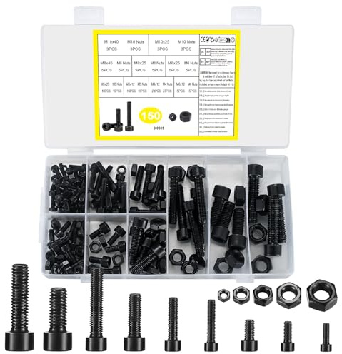 Vis à Tête Cylindrique à Hexagone Creux, 150 pcs. Vis Hexagonales avec Écrous Hexagonaux, Kit Assortiment de Vis à Tête Hexagonale pour Machines, Vis Métriques à Filetage - M4/M5/M6/M8/M10