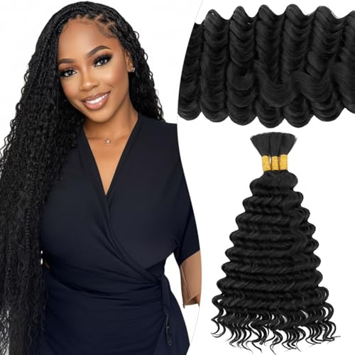 Elailite Extension Capelli Veri Tessitura Matassa Bulk Human Hair Ricci per Boho Braids Trecce/Crochet/Colla Deep Wave 35cm (3Packs=110g) #1B Nero Naturale