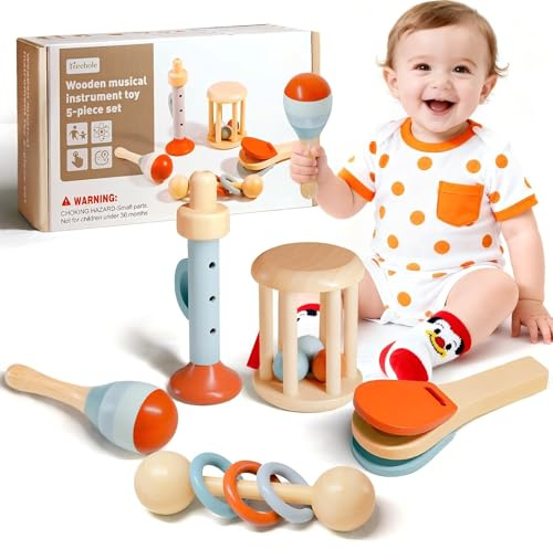 Teverellsax Montessori Baby Spielzeug 3 6 9 Monate, 5pc Montessori Spielzeug ab 6 Monate bis 1 Jahr, Baby Musikspielzeug Sensorisches Training lernspielzeug ab 1 Jahr,Holzspielzeug Spielzeug ab 1 Jahr