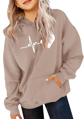 Mjjsk Flickor huvtröjor hjärtan grafisk lätt tröja barn långärmad skola ledig mysig tröja med huva snygg söt pullover topp, Khaki, 9-10 Years
