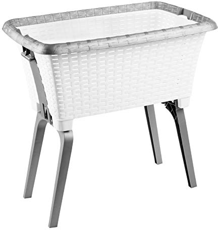 Livinja Wäschewanne Wäschekorb mit Stand-Automatik, Kunststoff, rechteckig, 60L, 60x40x26cm, abnehmbare Beine, leicht & stabil, Weiß-Grau, Rattan-Optik, Made in EU