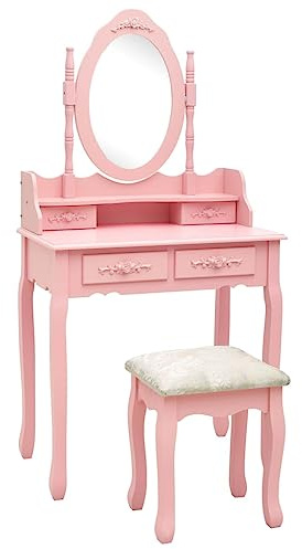 HaoChrymec Set Toeletta Con Sgabello In Legno Di Paulownia, Toilette Da Trucco Con Specchio e Cassetti, Postazione Make Up Completa Per Camera Da Letto, Vanity Desk For Makeup Rosa, 75x69x140 cm