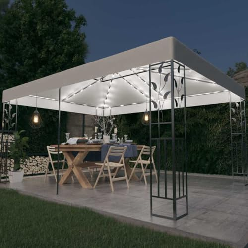 Pergola Pop Up Zelt, Pavillon mit Doppeldach & LED-Lichterkette 3x4 m Weiß für Garten, Innenhof, Camping