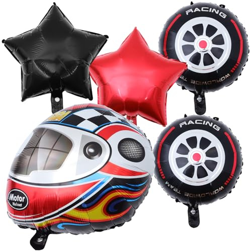 TOYANDONA Racing Car Helmet and Tire Foil Balloon Set, 5pcs Birthday Party Balloons Decoration Kit, Motorcycle Theme Party Supplies for and Adults