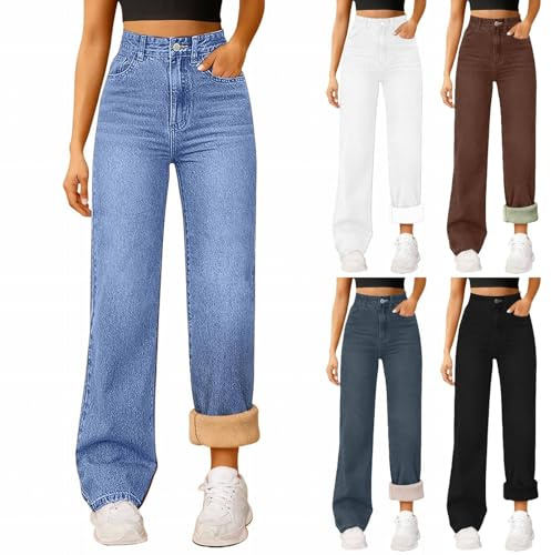 Generisch Pantalones vaqueros térmicos para mujer, forrados de invierno, pantalones térmicos para mujer, elásticos, pantalones largos de joggy, cintura alta, holgados, pierna recta, pantalones
