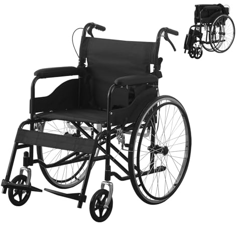 Foldable Wheelchairs for Adults Lightweight Aluminium Self Propelled Wheelchair Folding Transit Wheel Chairs for Heavy People150KG Adjustable Footrest Dual Brakes 18inch Seat (24inch Wheel Black)