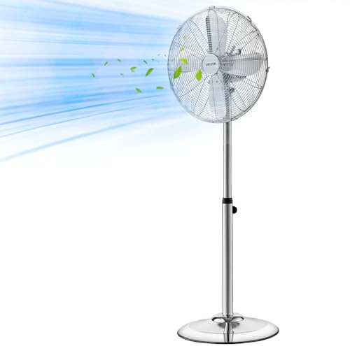 VEVOR 16-Inch High Velocity Pedestal Fan, 1450 CFM Industrial Standing Floor Fan with Handle, 75° Oscillating, 3-Speed Adjustable Height, Metal Made for Commercial, Garage, Workshop, Home, Silver