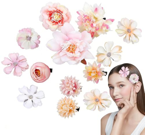 MIRKUZI Pinzas para el cabello, 12 pinzas para el cabello con flores rosas y blancas, pinzas de flores artificiales, estilo bohemio, ideales para fiestas, playas y bodas