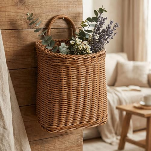 Flätad hängande korg vävda flätade väggkorgar för ytterdörr, hängande väggkorg med handtag för blommor, små växter, bondgård och trädgårdsdekor, korgar, Ha