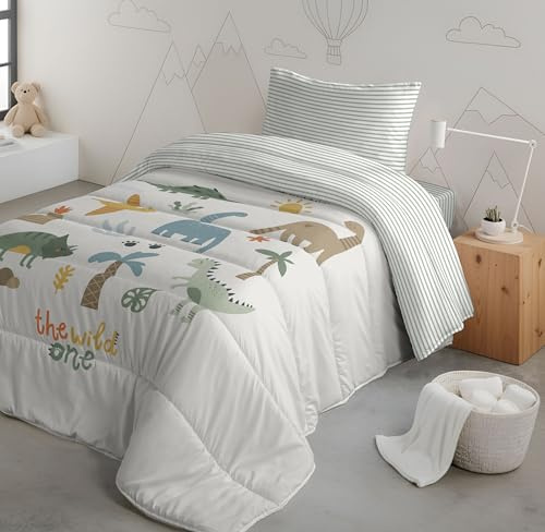 NATURALS CoolKids - Edredón Nórdico Infantil DINOLAND | 100% Algodón | Cama 105 (200x260 cm) | Relleno 200g Tacto Pluma | Oeko-Tex | Fabricado en España