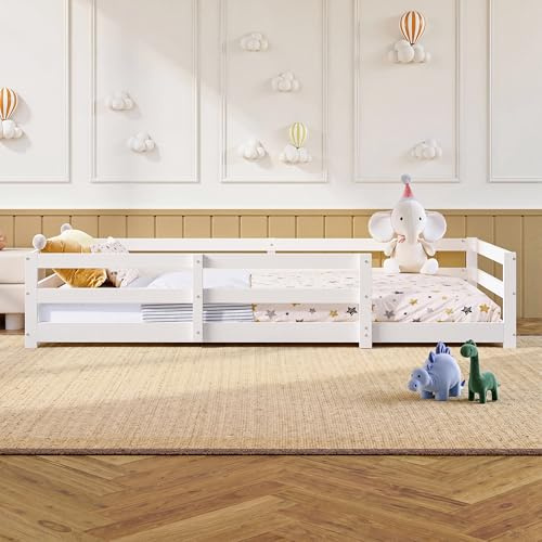 QSOST Montessori Bodenbett 90x200 cm in Weiß, Kinderbett mit Rausfallschutz (40 cm hoher Rahmen), bodennahes Bett aus massivem Kiefernholz, ohne Lattenrost, sicherer Schlafplatz für Kleinkinder