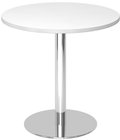 bümö Besprechungstisch, Esstisch klein, Tisch rund 80 cm - Kleiner Esstisch weiß, Rundtisch Esstisch 2 Personen mit Holz-Platte, Säule aus Metall verchromt, Konferenztisch, Bistrotisch