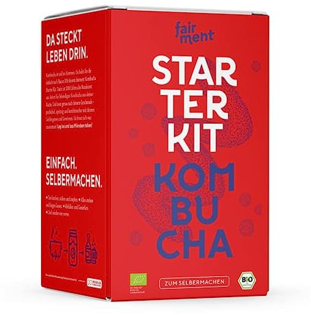 fairment Starterkit Kombucha - Das lebendige Getränk einfach selbermachen - Starter Set mit Bio Kombuch a Pilz (SCOBY), Glas, Zutaten, Zubehör und Rezepten - Kombucha Tee selbst machen