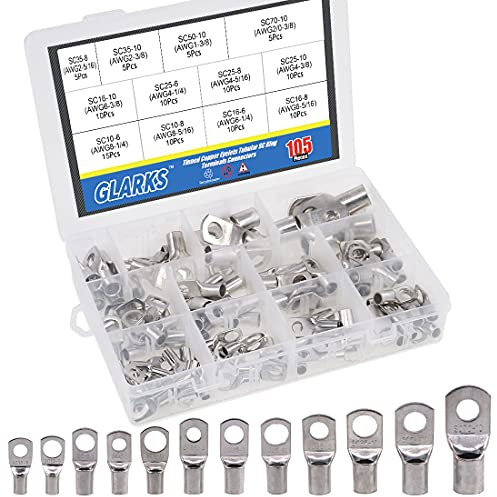 Glarks 105Pcs 12 Type Heavy Duty Lugs Battery Cable Tinned Copper Eyelets Tubular SC Ring Terminals Connectors with Spy Hole Assortment Kit