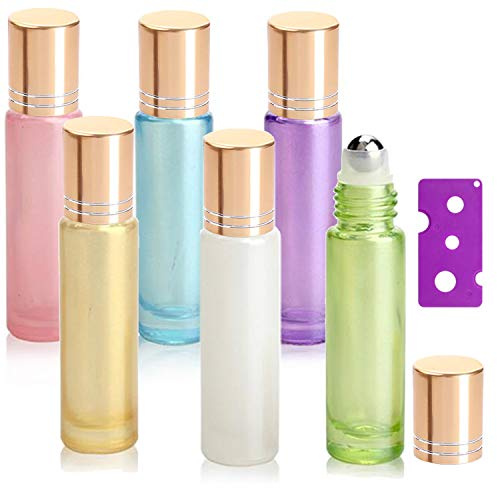 Yalbdopo 6Pcs, 10ml Essential Oil Roller Bottles Refillable Glass Roll on Bottles with Stainless Steel Roller Ball & Gold Lids & Bottle Opener, Perfect for Aromatherapy, Essential Oils, Fragrance