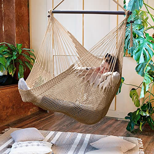 Bathonly Großer Karibischer Hängesessel Mit Spreizstange, bis 150 kg Belastbar, Handgewebt Hängeschaukel, Hängestuhl, für Draußen, Drinnen, Terrasse, Garten, Schlafzimmer, Hellbraun