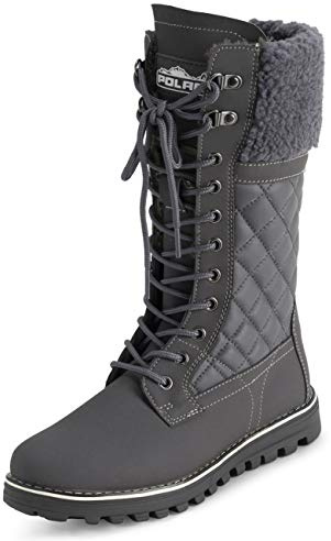 Polar Womens Faux Fur Warm Thermal Waterproof Outdoor Walking Snow Winter Rubber Sole Calf Boots - Grey Leather - UK6/EU39 - YC0613