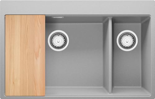 PRIMAGRAN Lavello da Cucina Grigio 78x50cm, Lavandino in Granito a 2 vasche + Sifone Classico + Tagliere, Lavabo Incasso al mobile 80cm - Oslo Duo S038