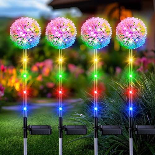 BONLION Solar Garden Lights Outdoor Decor: 4 Pack Dandelion Solar Flower Lights, 2 Modes 16 LED Colored Solar Lights for Outside, Waterproof Decorative Flowers for Yard, Patio, Gifts for Women Mom