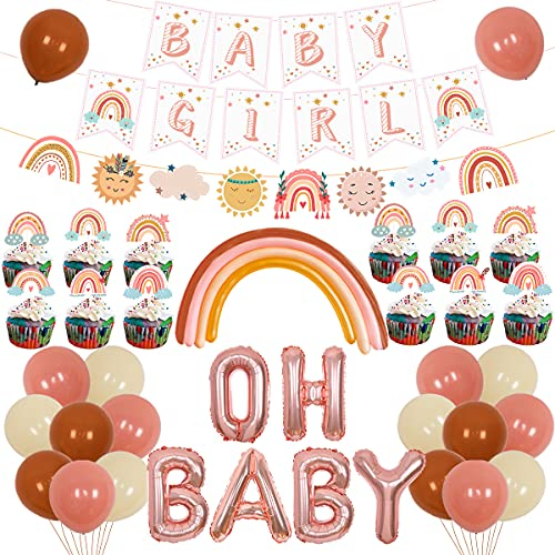 Boho-Regenbogen-Babyparty-Dekorationen, böhmischer Ballon, Baby-Mädchen-Banner, Kuchendekoration für Mädchen, Wolke, Babyparty, Partyzubehör