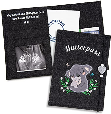 ZWEN Mutterpasshülle Koala grau - Mutterpasshülle filz für deutschen Mutterpass handmade - Mutterpass Organizer mit Fächern für Ultraschallbild, Impfpass etc. als Schwangerschaft Geschenk